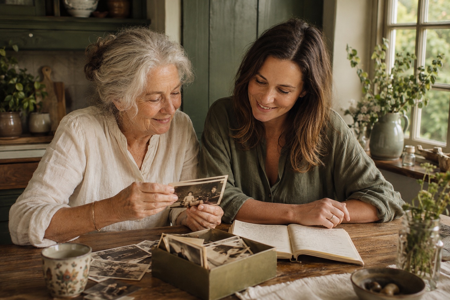 An illustrative family moment: a mother and adult daughter sharing photographs and memories